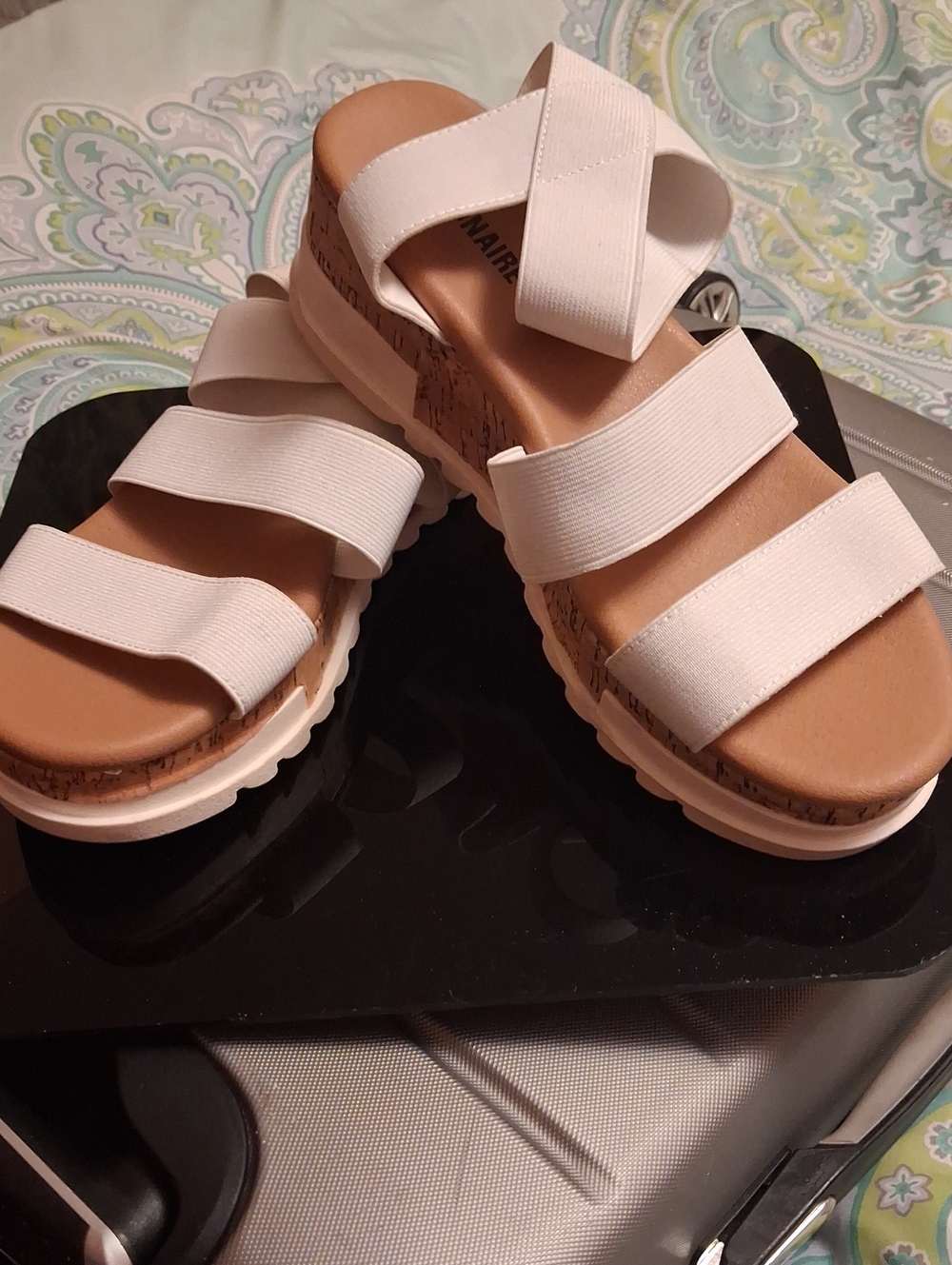 Elastic Strap Cork-Style Platform Sandals - White